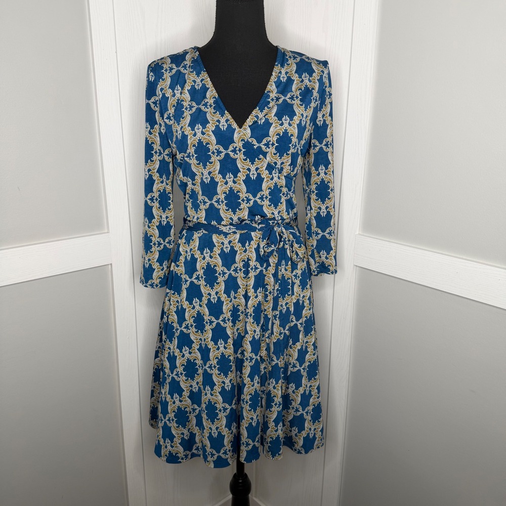 Mix by 41 Hawthorn Wrap Dress Womens Medium Blue Baroque Damask SFKOK369C